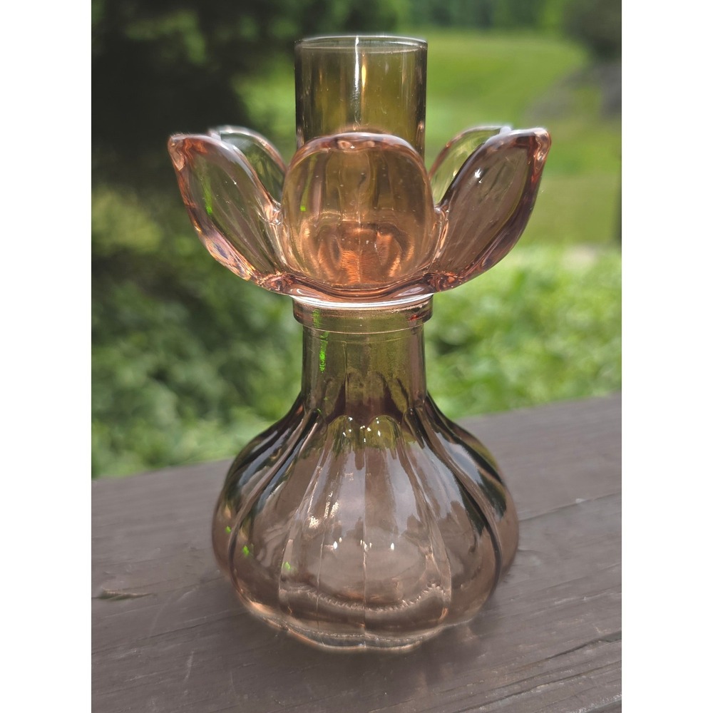 Vintage Pink Glass Lotus Flower Taper Candle Holder Ribbed Base‎ HR Mark